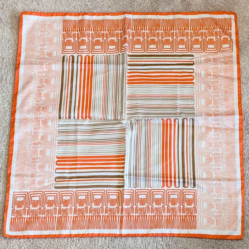 Orange Geometric Silk-Feel Square Scarf
